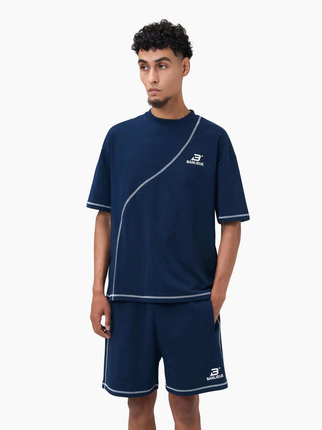 CONTRAST STITCH SHORTS | NAVY / WHITE - Image 4