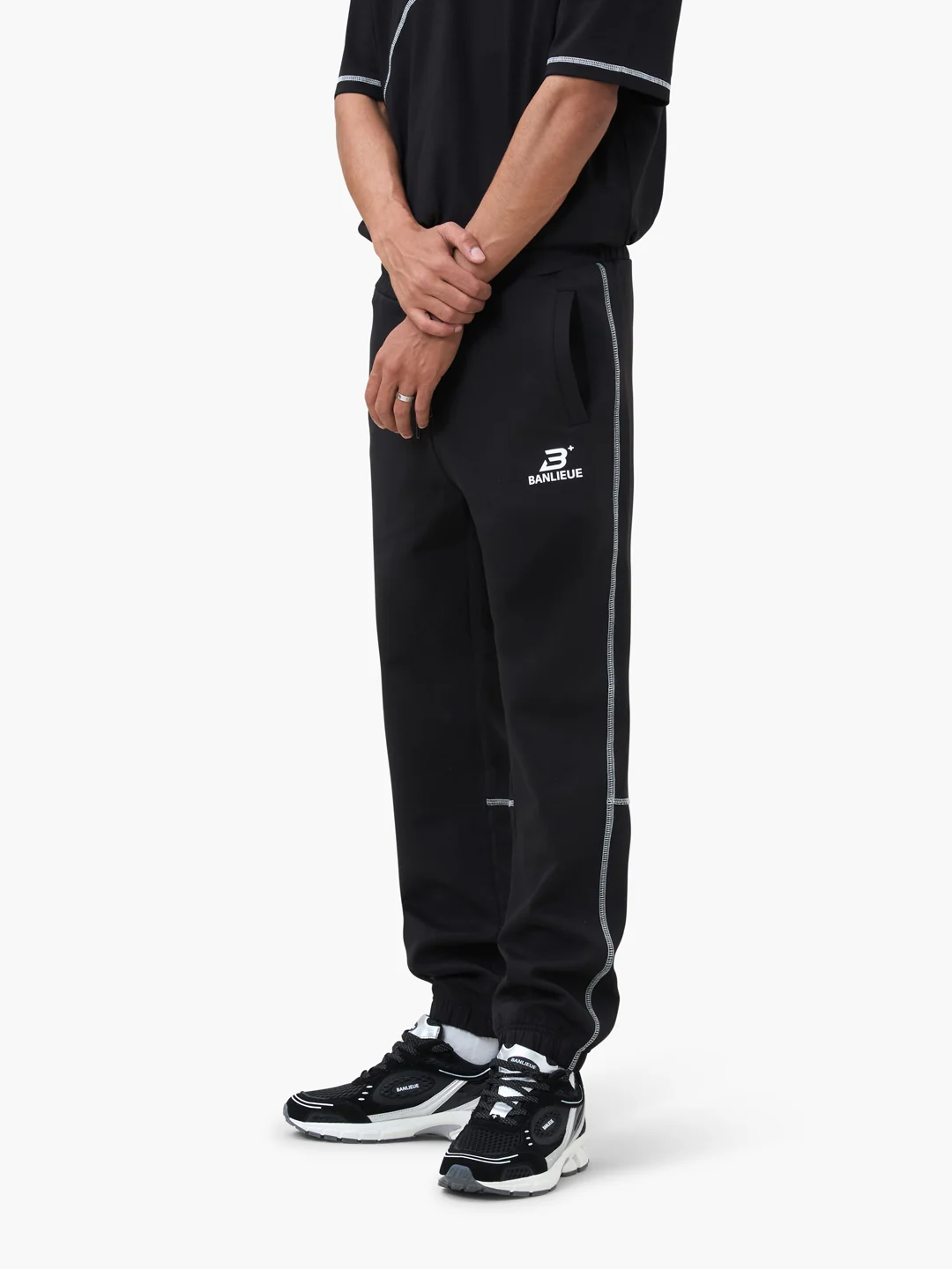 CONTRAST STITCH SWEATPANTS | BLACK / WHITE - Image 6